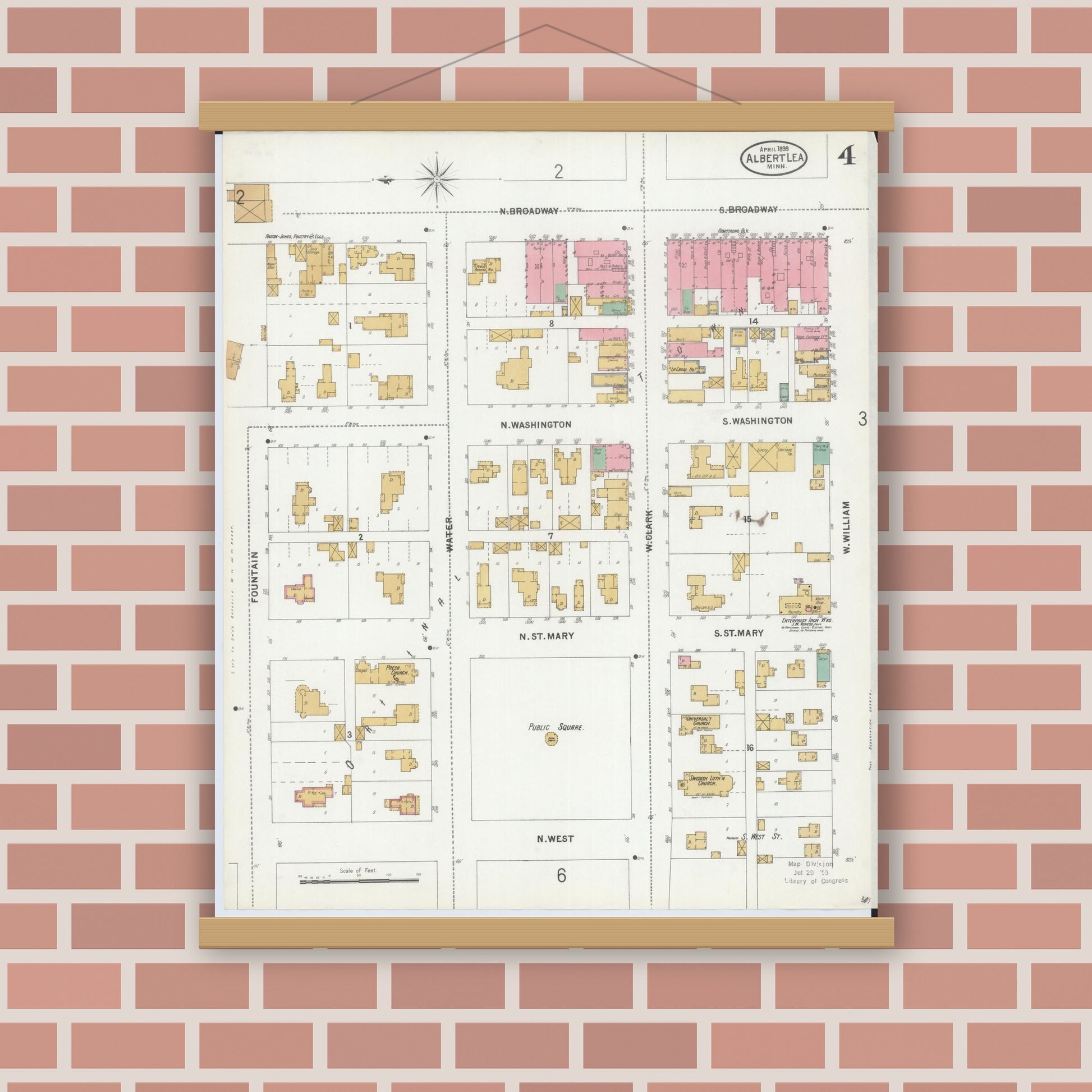Old map wall art mockup — magnetic wood frame on brick wall — Sanborn Fire Insurance Map from Albert Lea, Freeborn County, Minnesota (1899), Sheet #0004