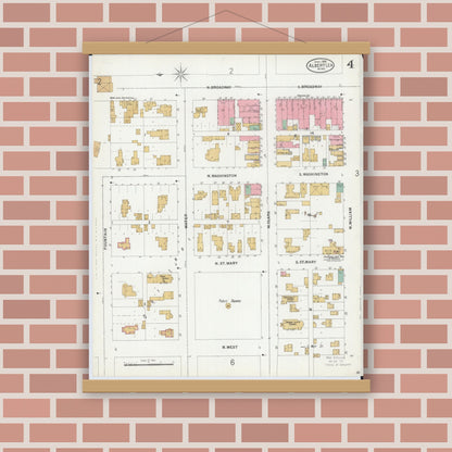 Old map wall art mockup — magnetic wood frame on brick wall — Sanborn Fire Insurance Map from Albert Lea, Freeborn County, Minnesota (1899), Sheet #0004