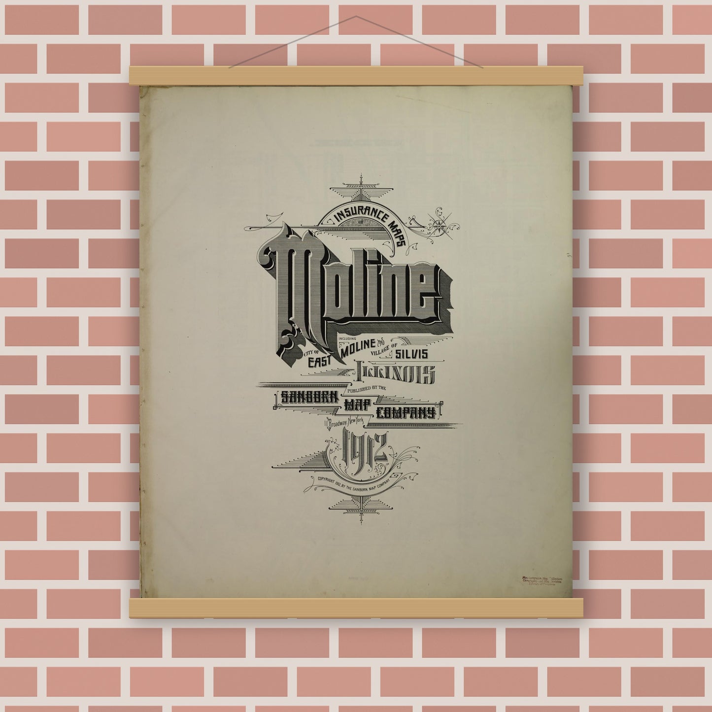 Old map wall art mockup — magnetic wood frame on brick wall — Sanborn Fire Insurance Map from Moline, Rock Island County, Illinois (1912), Sheet #0001