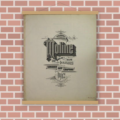 Old map wall art mockup — magnetic wood frame on brick wall — Sanborn Fire Insurance Map from Moline, Rock Island County, Illinois (1912), Sheet #0001