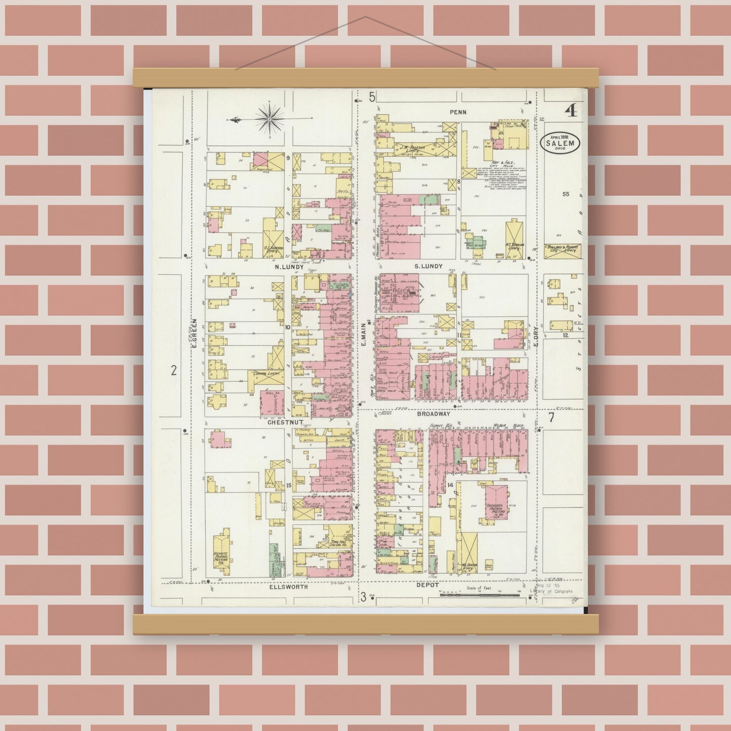 Old map wall art mockup — magnetic wood frame on brick wall — Sanborn Fire Insurance Map from Salem, Columbiana County, Ohio (1898), Sheet #0004