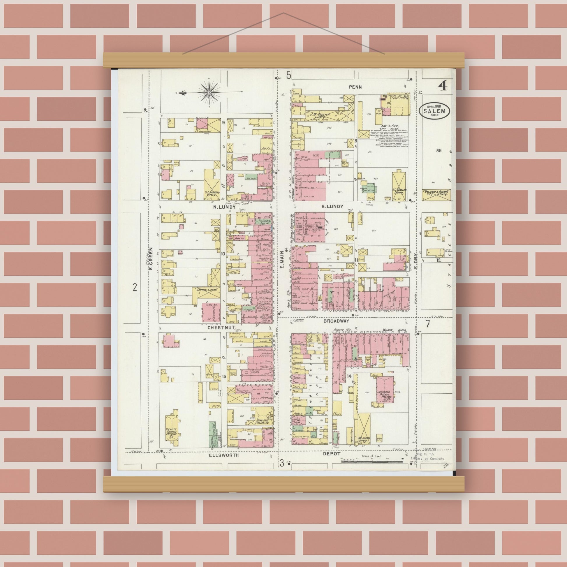 Old map wall art mockup — magnetic wood frame on brick wall — Sanborn Fire Insurance Map from Salem, Columbiana County, Ohio (1898), Sheet #0004