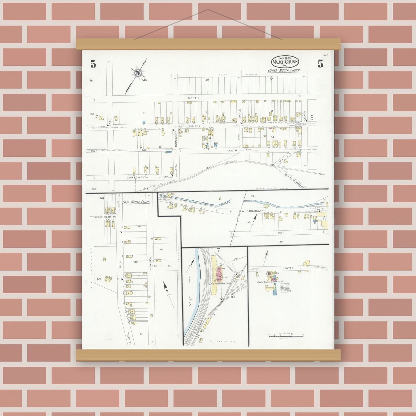 Old map wall art mockup — magnetic wood frame on brick wall — Sanborn Fire Insurance Map from Mauch Chunk, Carbon County, Pennsylvania (1930), Sheet #0005