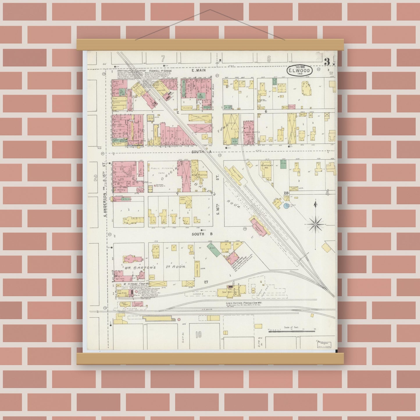 Old map wall art mockup — magnetic wood frame on brick wall — Sanborn Fire Insurance Map from Elwood, Madison County, Indiana (1895), Sheet #0003