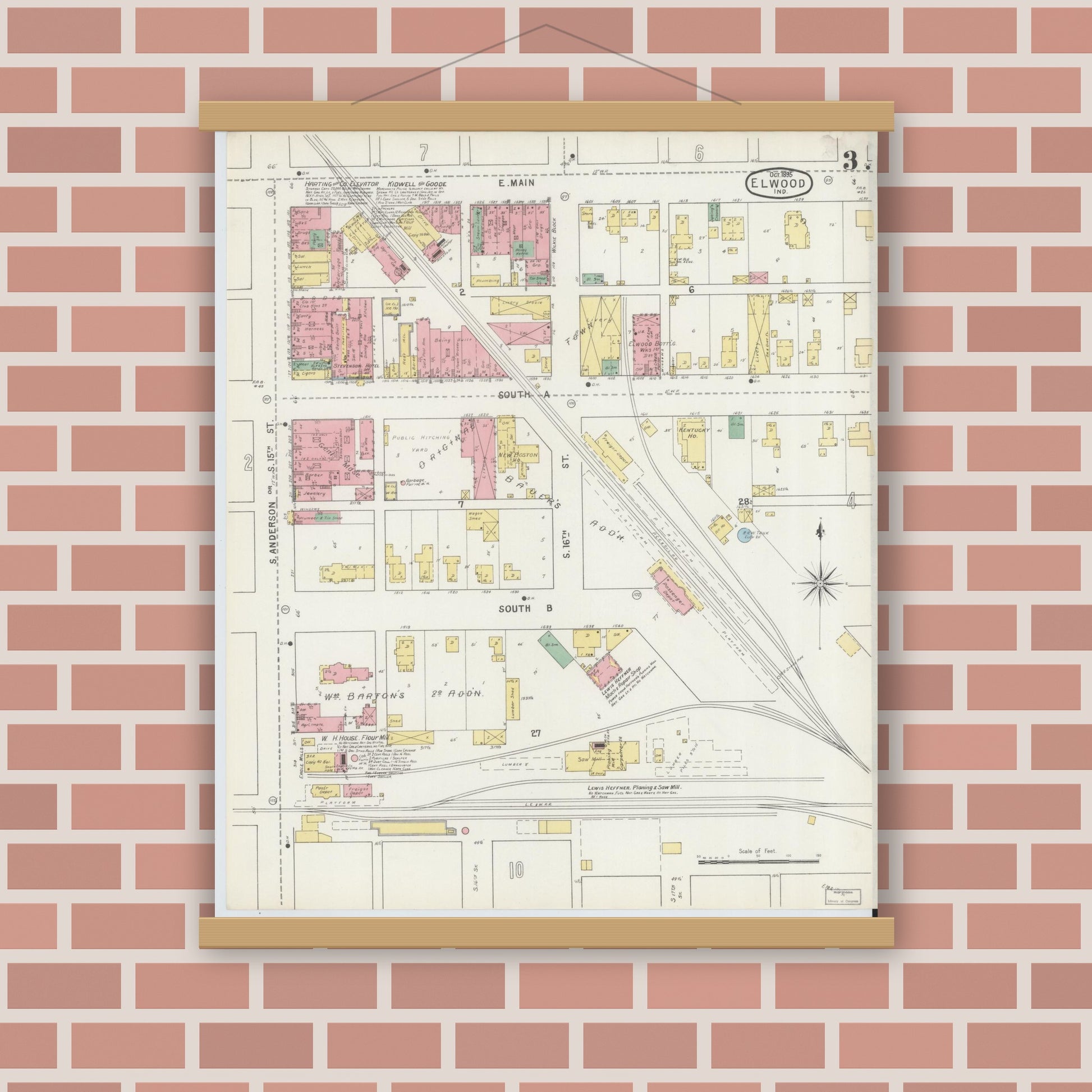 Old map wall art mockup — magnetic wood frame on brick wall — Sanborn Fire Insurance Map from Elwood, Madison County, Indiana (1895), Sheet #0003