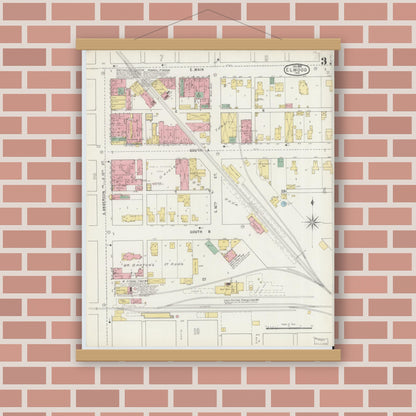 Old map wall art mockup — magnetic wood frame on brick wall — Sanborn Fire Insurance Map from Elwood, Madison County, Indiana (1895), Sheet #0003