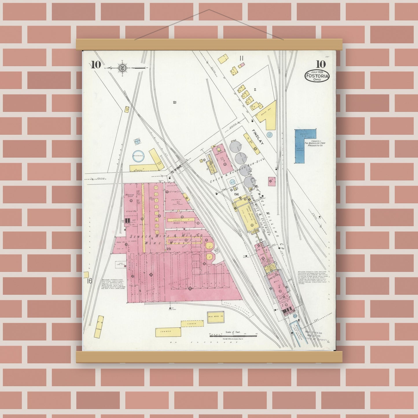 Old map wall art mockup — magnetic wood frame on brick wall — Sanborn Fire Insurance Map from Fostoria, Seneca, Hancock, And Wood Counties, Ohio (1924), Sheet #0010