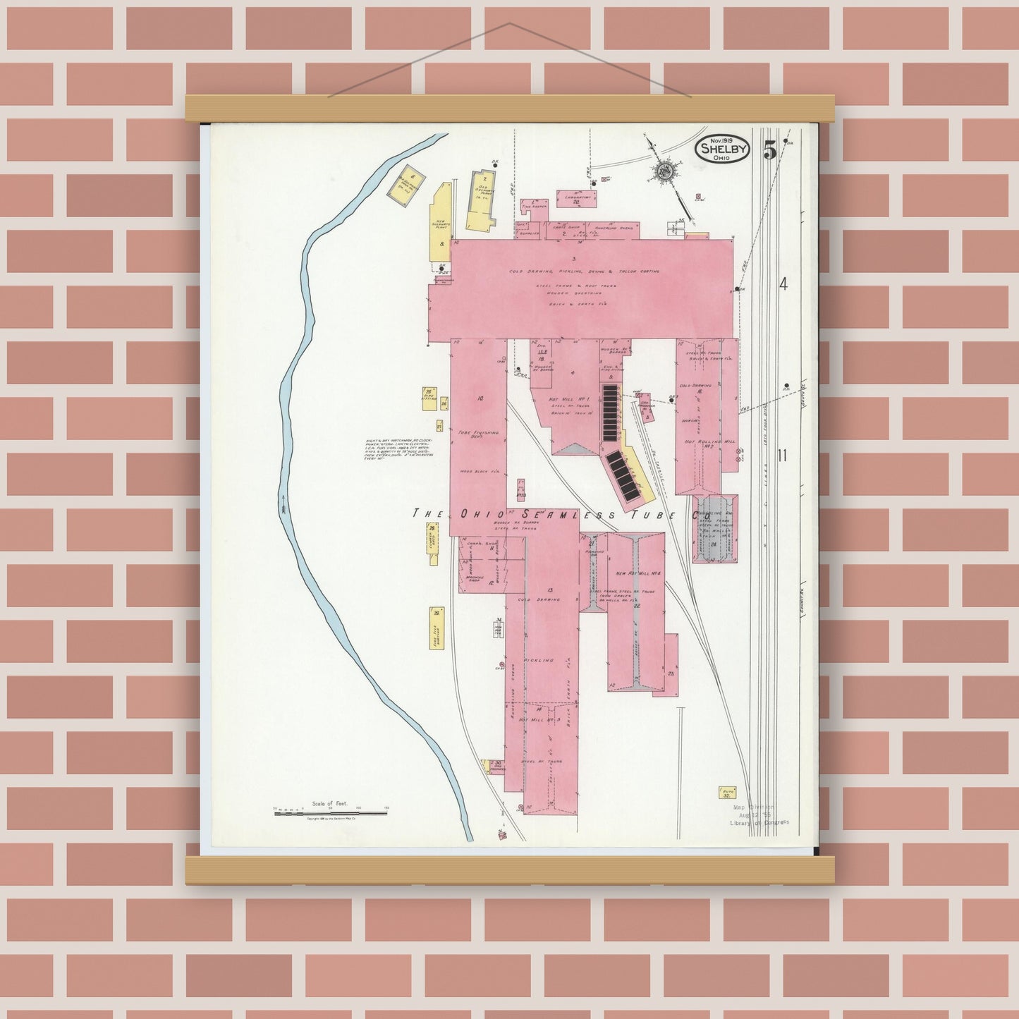 Old map wall art mockup — magnetic wood frame on brick wall — Sanborn Fire Insurance Map from Shelby, Richland County, Ohio (1919), Sheet #0005