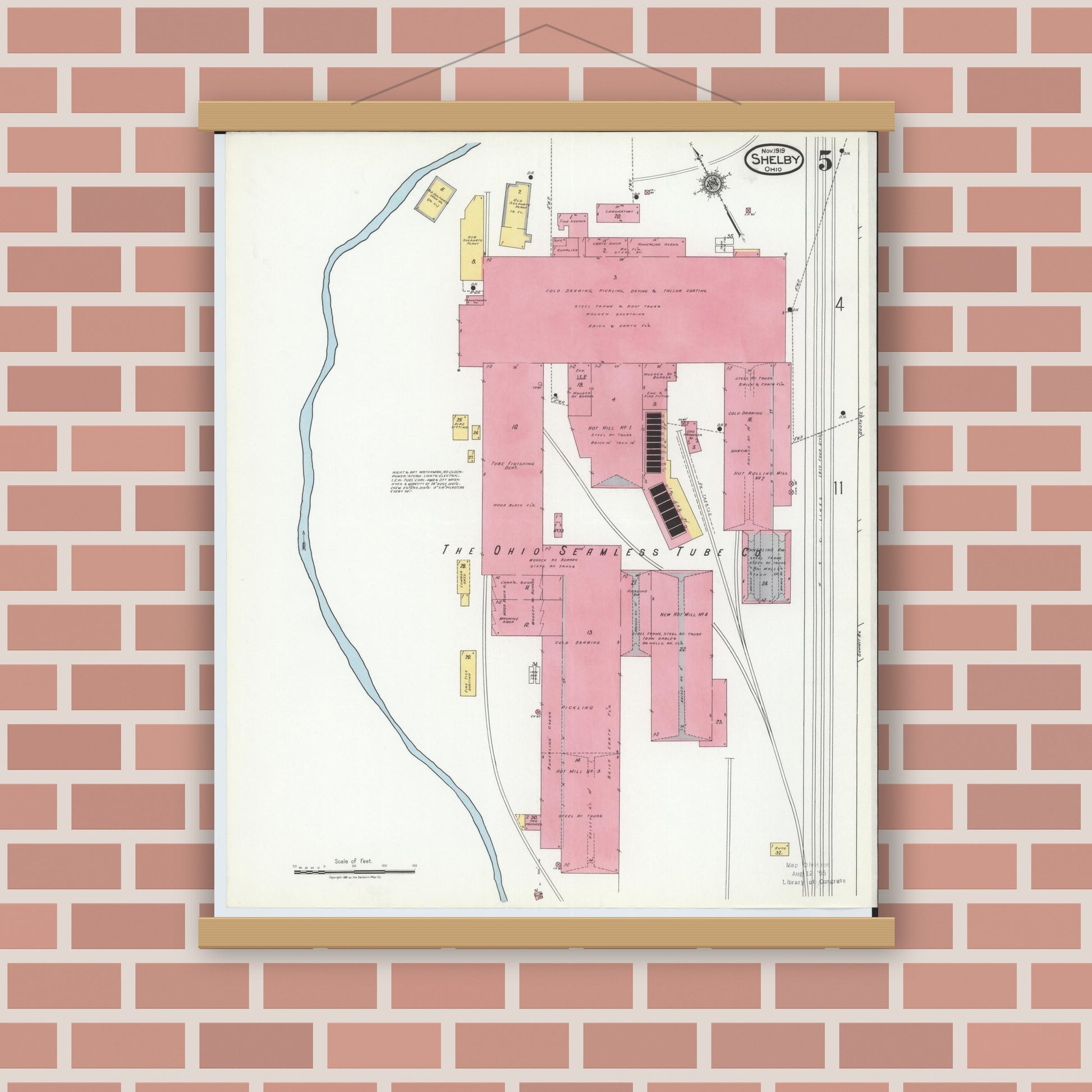 Old map wall art mockup — magnetic wood frame on brick wall — Sanborn Fire Insurance Map from Shelby, Richland County, Ohio (1919), Sheet #0005