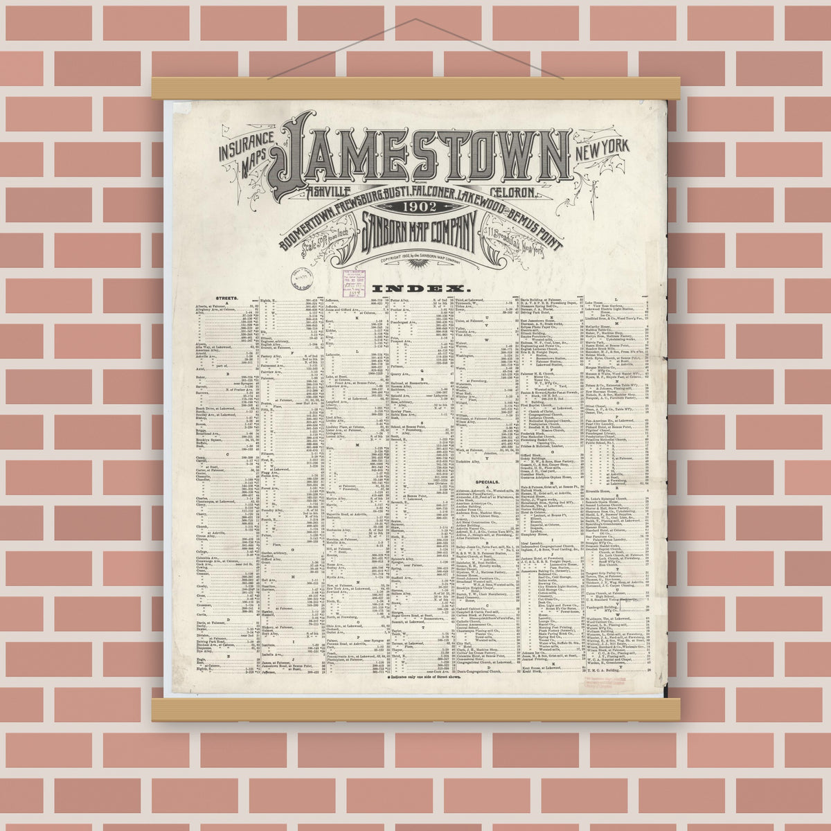 Old map wall art mockup — magnetic wood frame on brick wall — Sanborn Fire Insurance Map from Jamestown, Chautauqua County, New York (1902), Sheet #0001