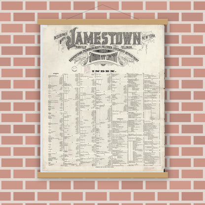 Old map wall art mockup — magnetic wood frame on brick wall — Sanborn Fire Insurance Map from Jamestown, Chautauqua County, New York (1902), Sheet #0001