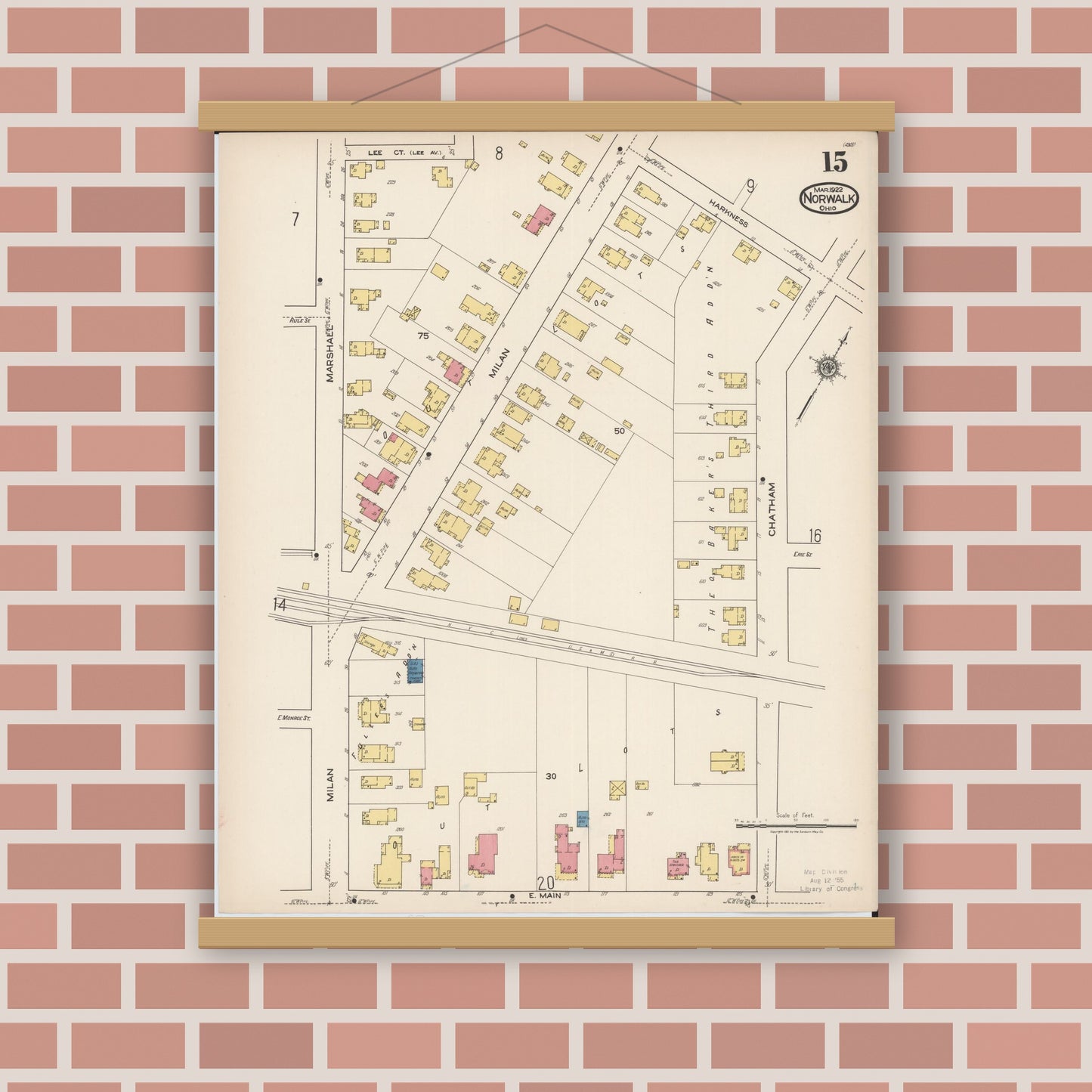Old map wall art mockup — magnetic wood frame on brick wall — Sanborn Fire Insurance Map from Norwalk, Huron County, Ohio (1922), Sheet #0015