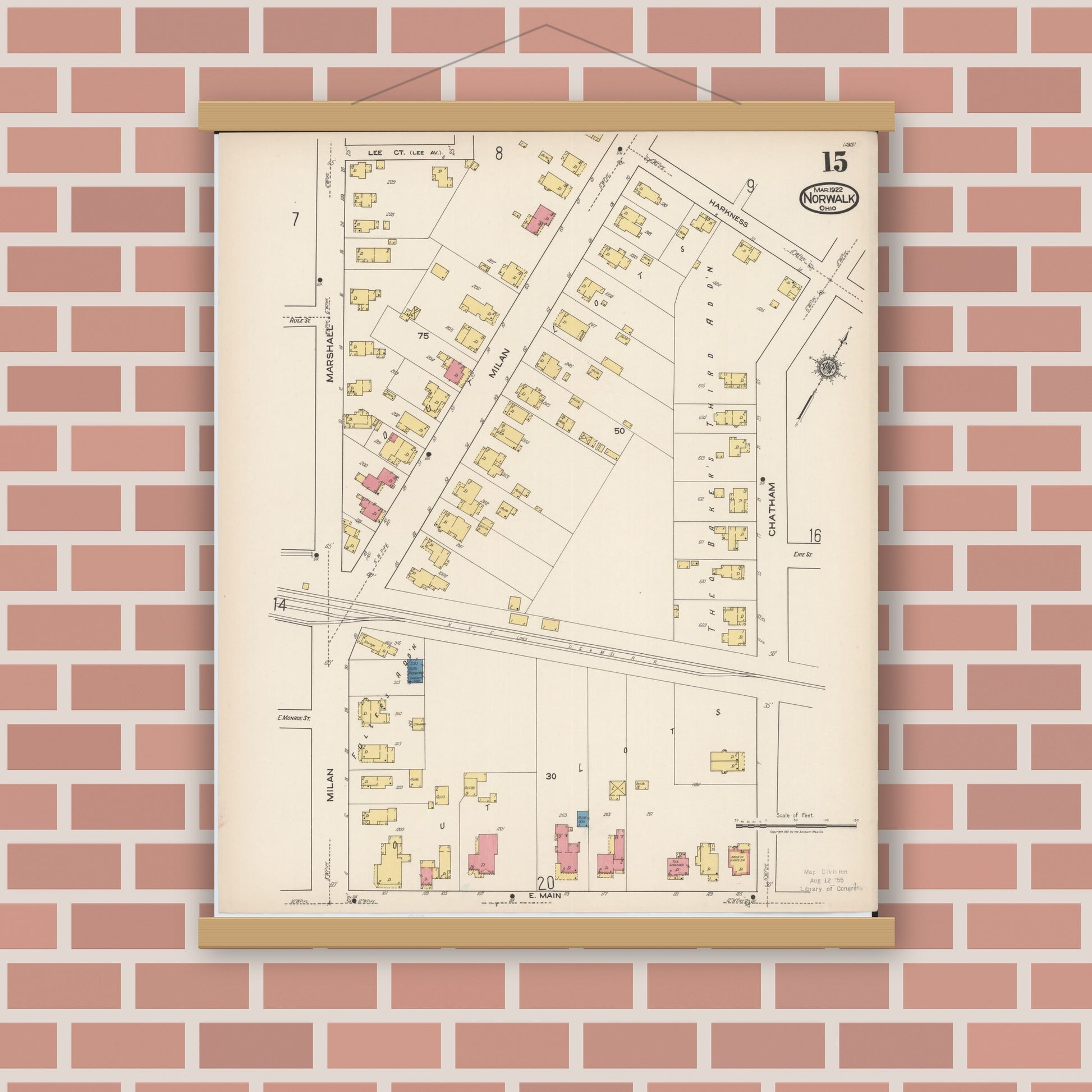 Old map wall art mockup — magnetic wood frame on brick wall — Sanborn Fire Insurance Map from Norwalk, Huron County, Ohio (1922), Sheet #0015
