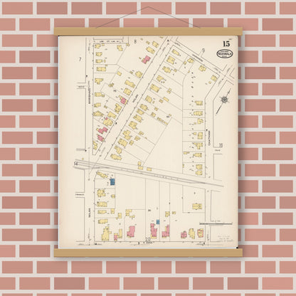 Old map wall art mockup — magnetic wood frame on brick wall — Sanborn Fire Insurance Map from Norwalk, Huron County, Ohio (1922), Sheet #0015