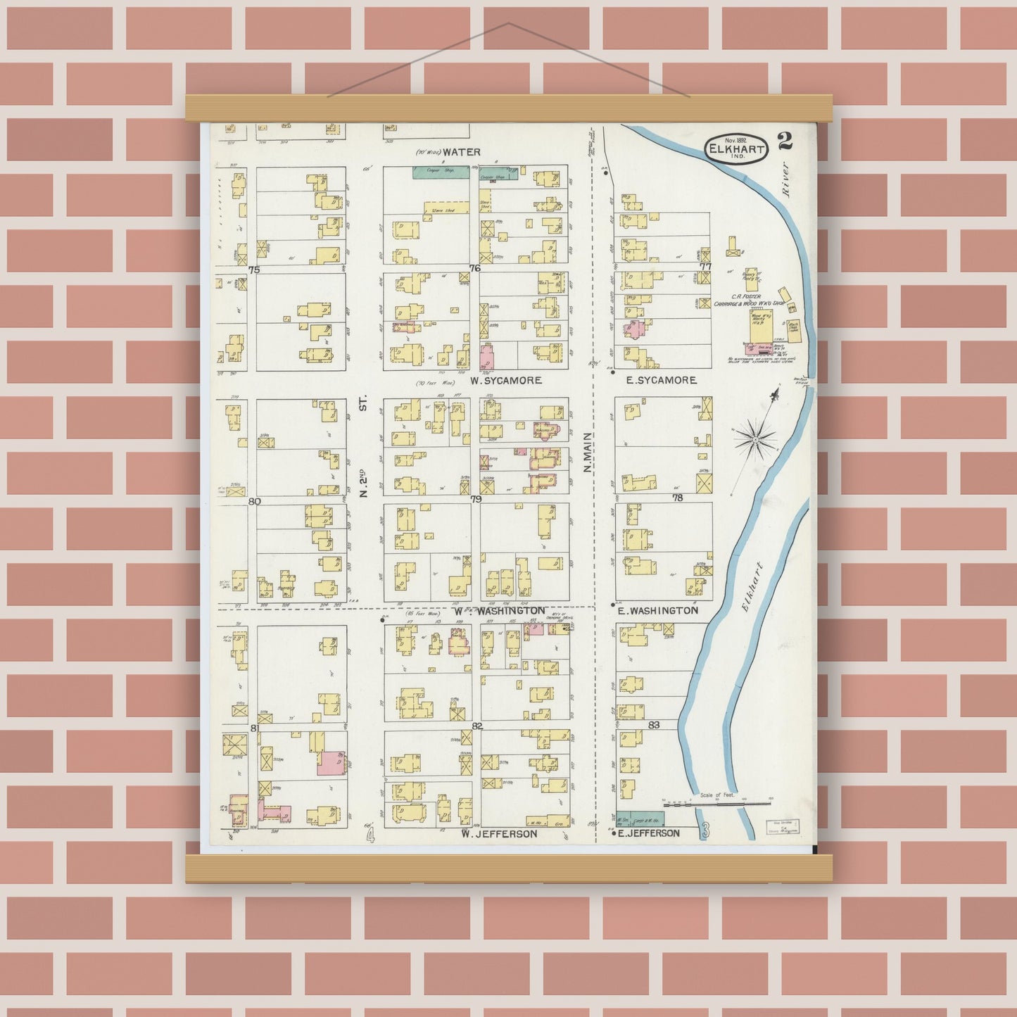 Old map wall art mockup — magnetic wood frame on brick wall — Sanborn Fire Insurance Map from Elkhart, Elkhart County, Indiana (1892), Sheet #0002
