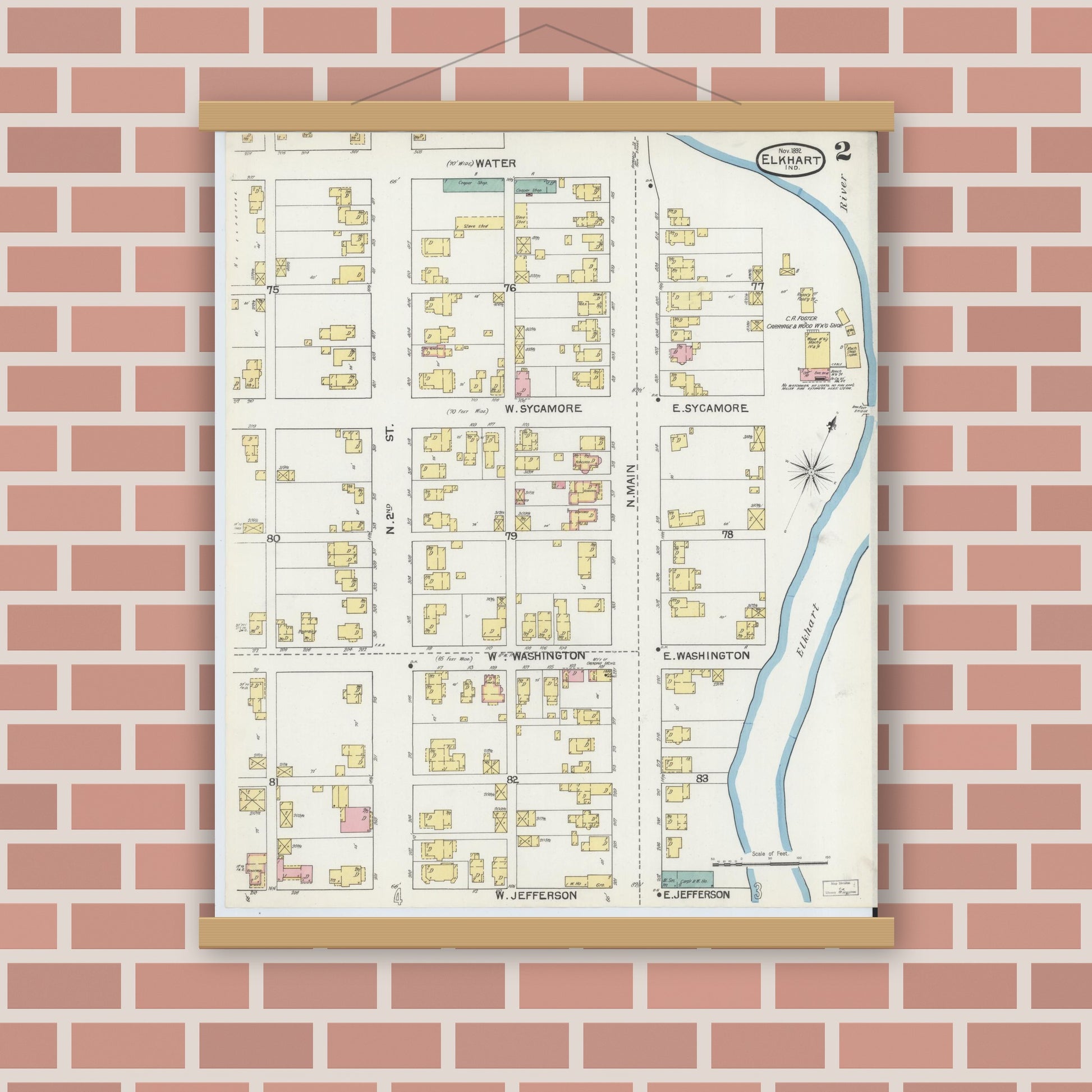 Old map wall art mockup — magnetic wood frame on brick wall — Sanborn Fire Insurance Map from Elkhart, Elkhart County, Indiana (1892), Sheet #0002