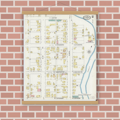 Old map wall art mockup — magnetic wood frame on brick wall — Sanborn Fire Insurance Map from Elkhart, Elkhart County, Indiana (1892), Sheet #0002