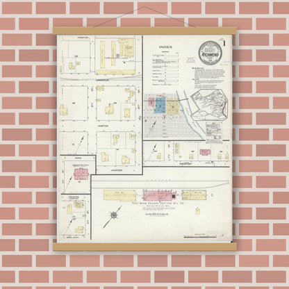 Old map wall art mockup — magnetic wood frame on brick wall — Sanborn Fire Insurance Map from Richmond, Fort Bend County, Texas (1914) - Complete Map Set