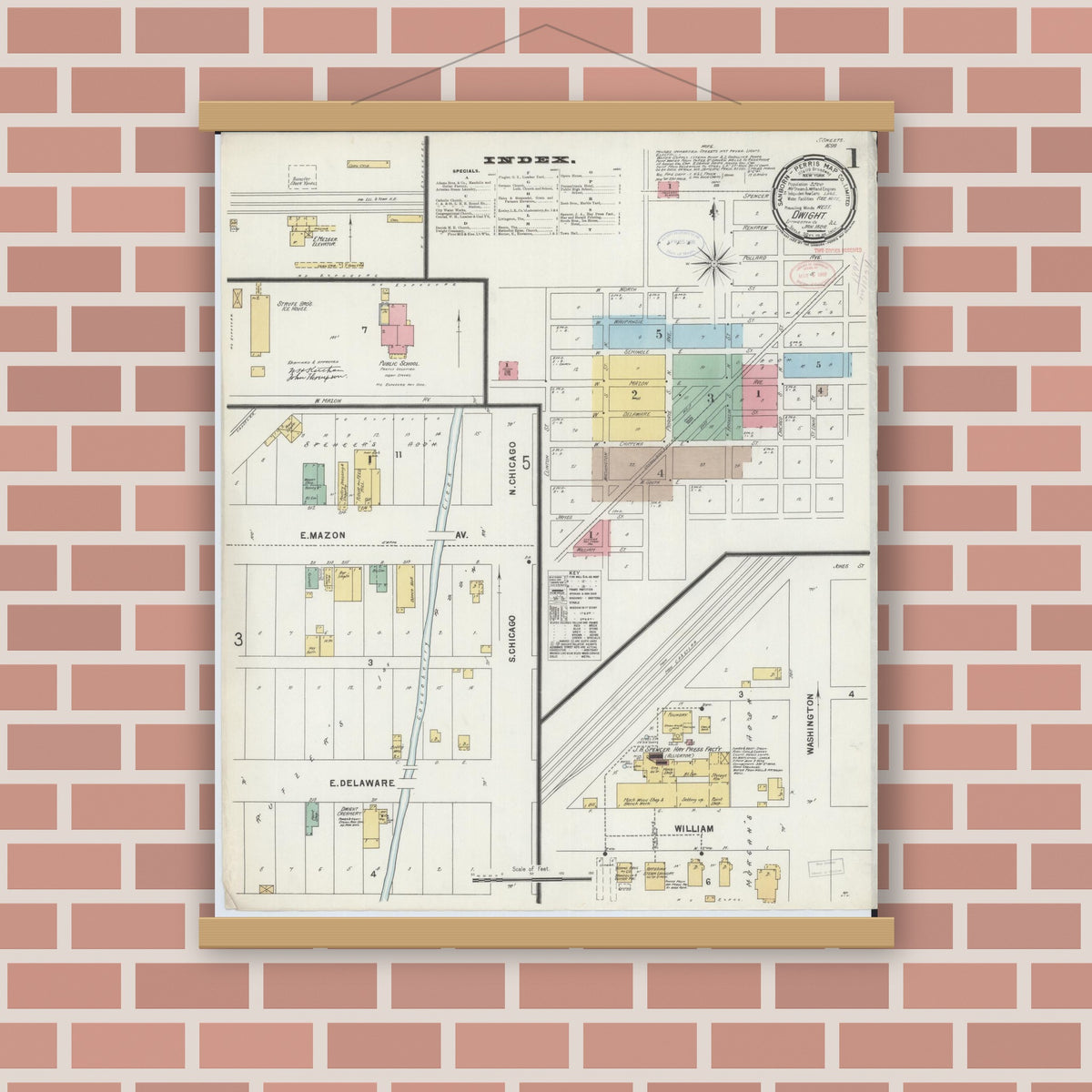 Old map wall art mockup — magnetic wood frame on brick wall — Sanborn Fire Insurance Map from Dwight, Livingston County, Illinois (1898) - Complete Map Set