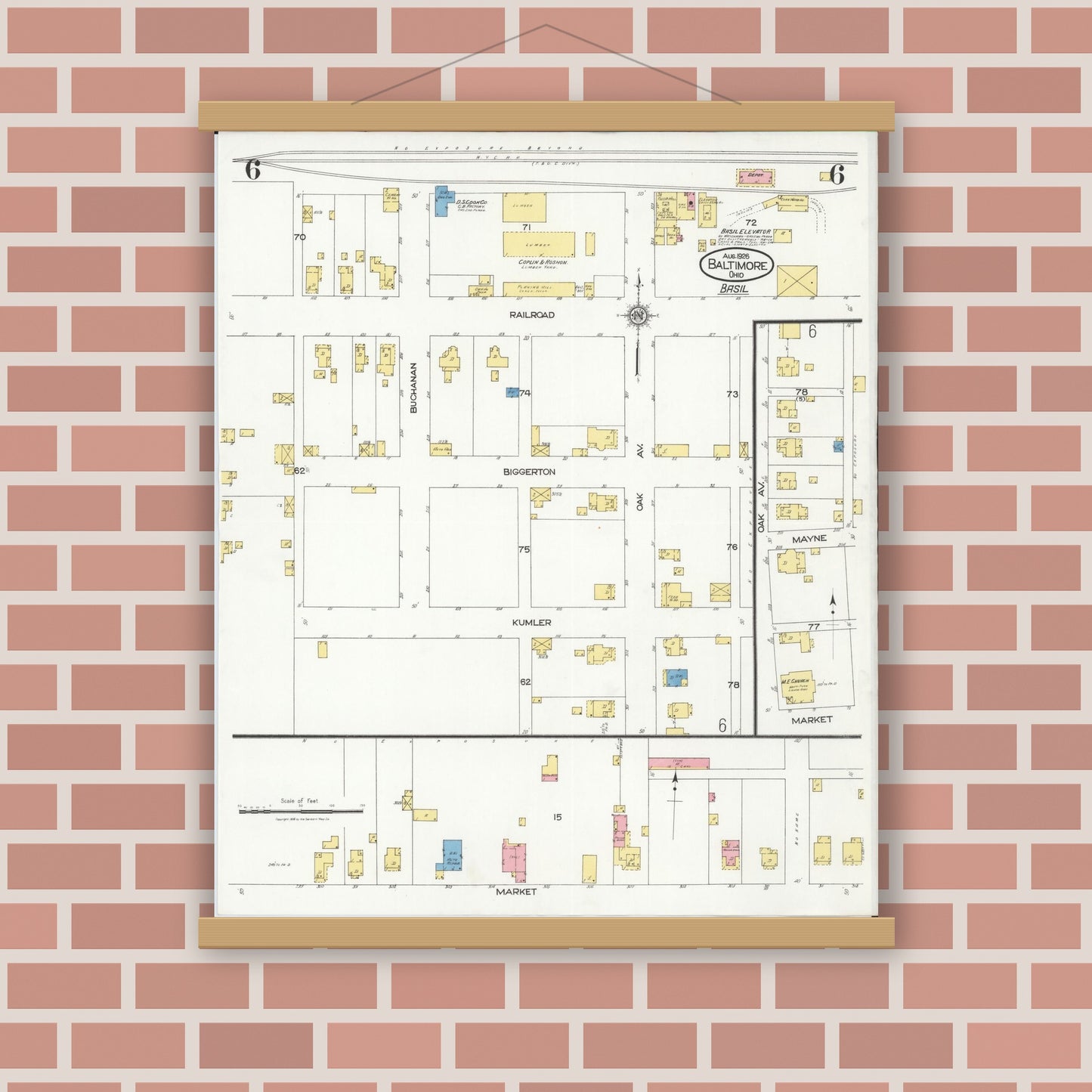 Old map wall art mockup — magnetic wood frame on brick wall — Sanborn Fire Insurance Map from Baltimore, Fairfield County, Ohio (1926), Sheet #0006