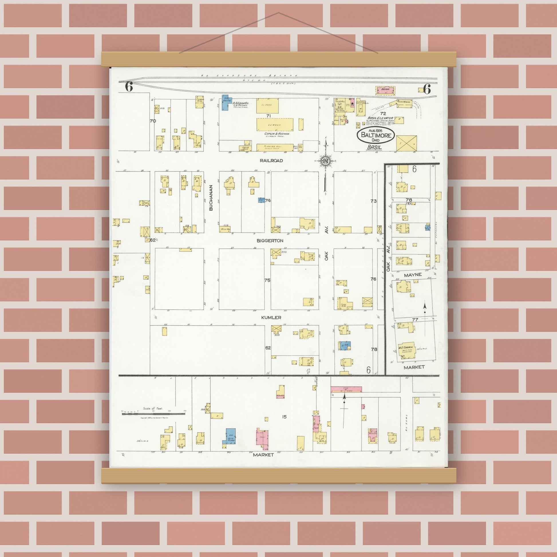Old map wall art mockup — magnetic wood frame on brick wall — Sanborn Fire Insurance Map from Baltimore, Fairfield County, Ohio (1926), Sheet #0006