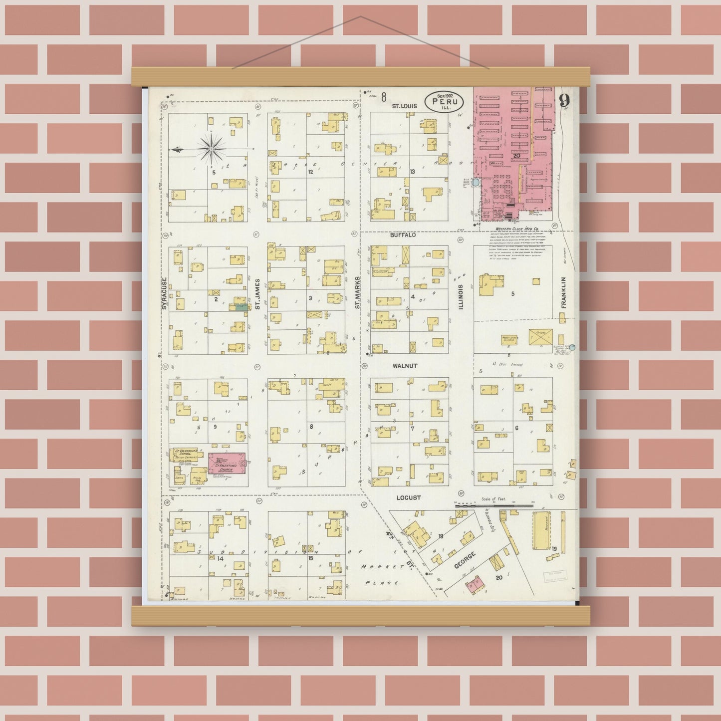Old map wall art mockup — magnetic wood frame on brick wall — Sanborn Fire Insurance Map from Peru, La Salle County, Illinois (1902), Sheet #0009