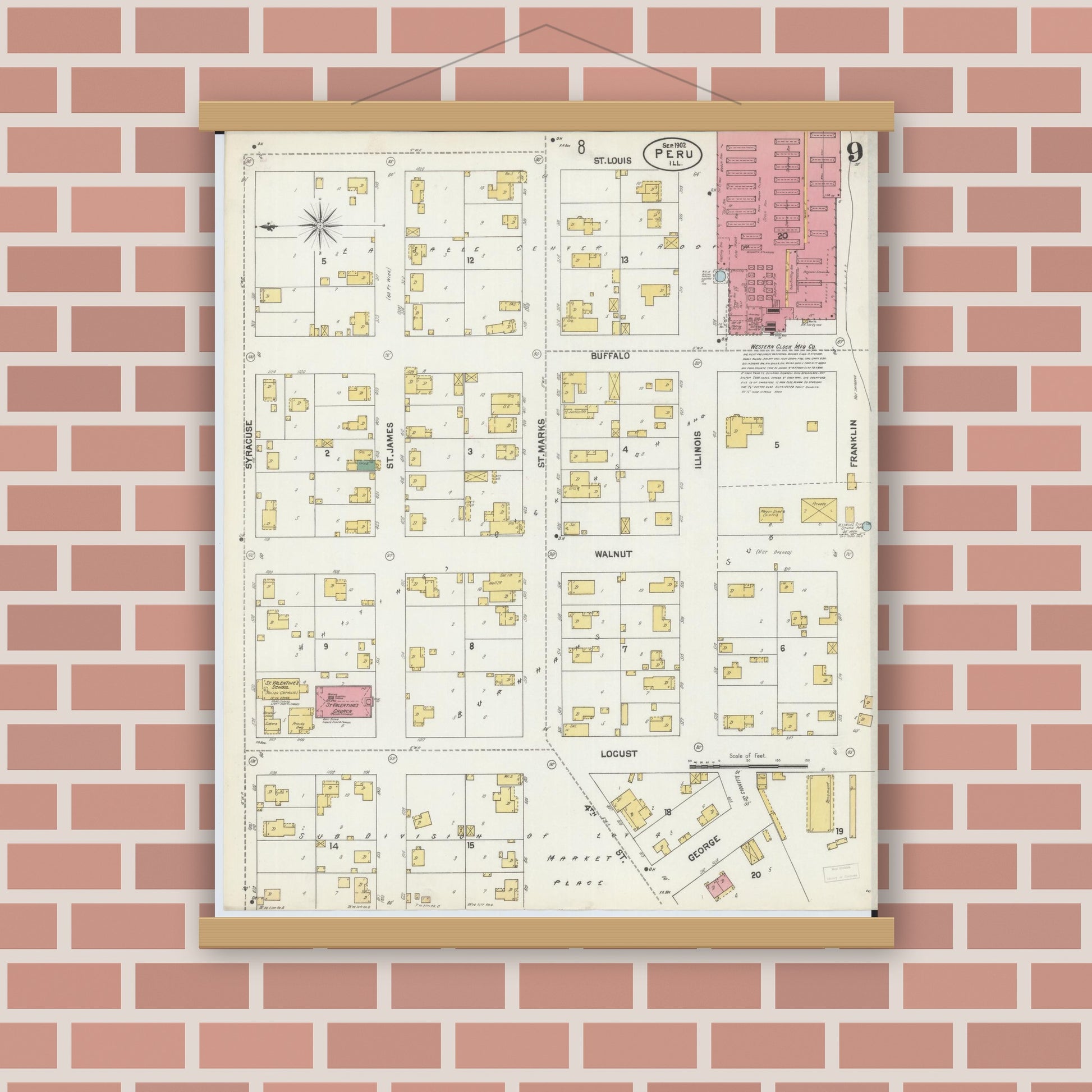 Old map wall art mockup — magnetic wood frame on brick wall — Sanborn Fire Insurance Map from Peru, La Salle County, Illinois (1902), Sheet #0009