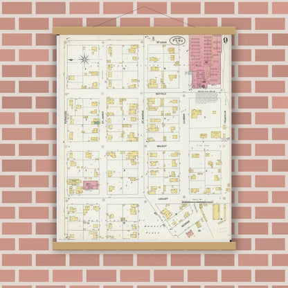 Old map wall art mockup — magnetic wood frame on brick wall — Sanborn Fire Insurance Map from Peru, La Salle County, Illinois (1902), Sheet #0009