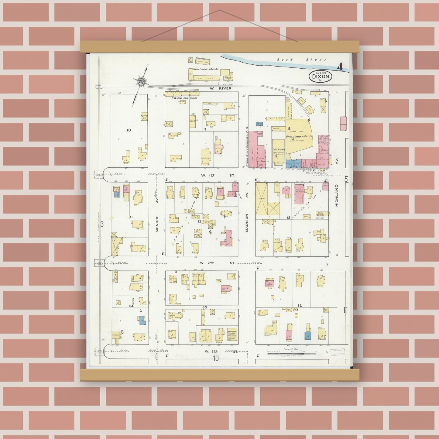 Old map wall art mockup — magnetic wood frame on brick wall — Sanborn Fire Insurance Map from Dixon, Lee County, Illinois (1918), Sheet #0004