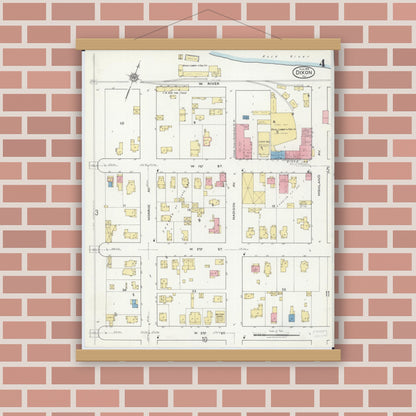 Old map wall art mockup — magnetic wood frame on brick wall — Sanborn Fire Insurance Map from Dixon, Lee County, Illinois (1918), Sheet #0004