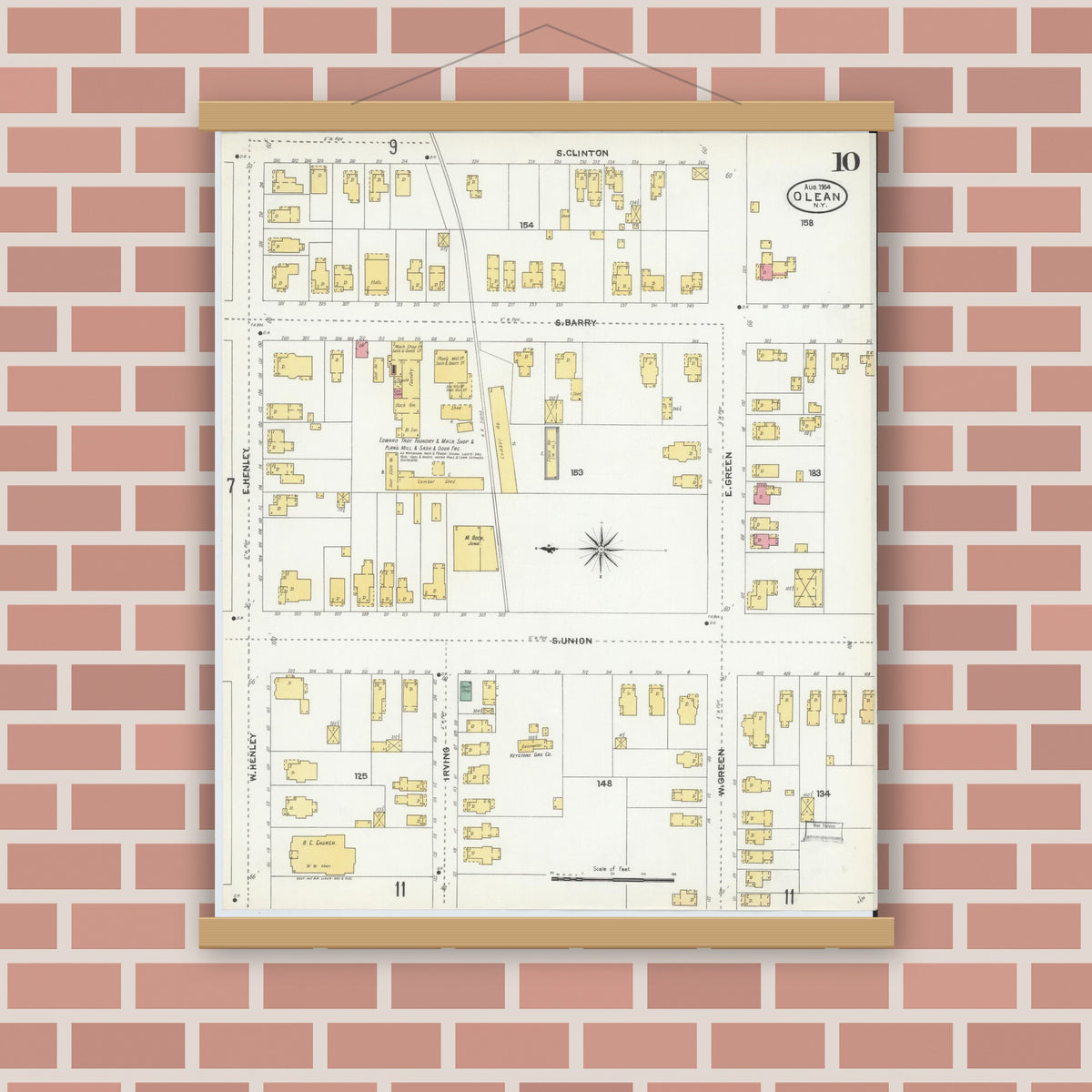 Old map wall art mockup — magnetic wood frame on brick wall — Sanborn Fire Insurance Map from Olean, Cattaraugus County, New York (1904), Sheet #0010