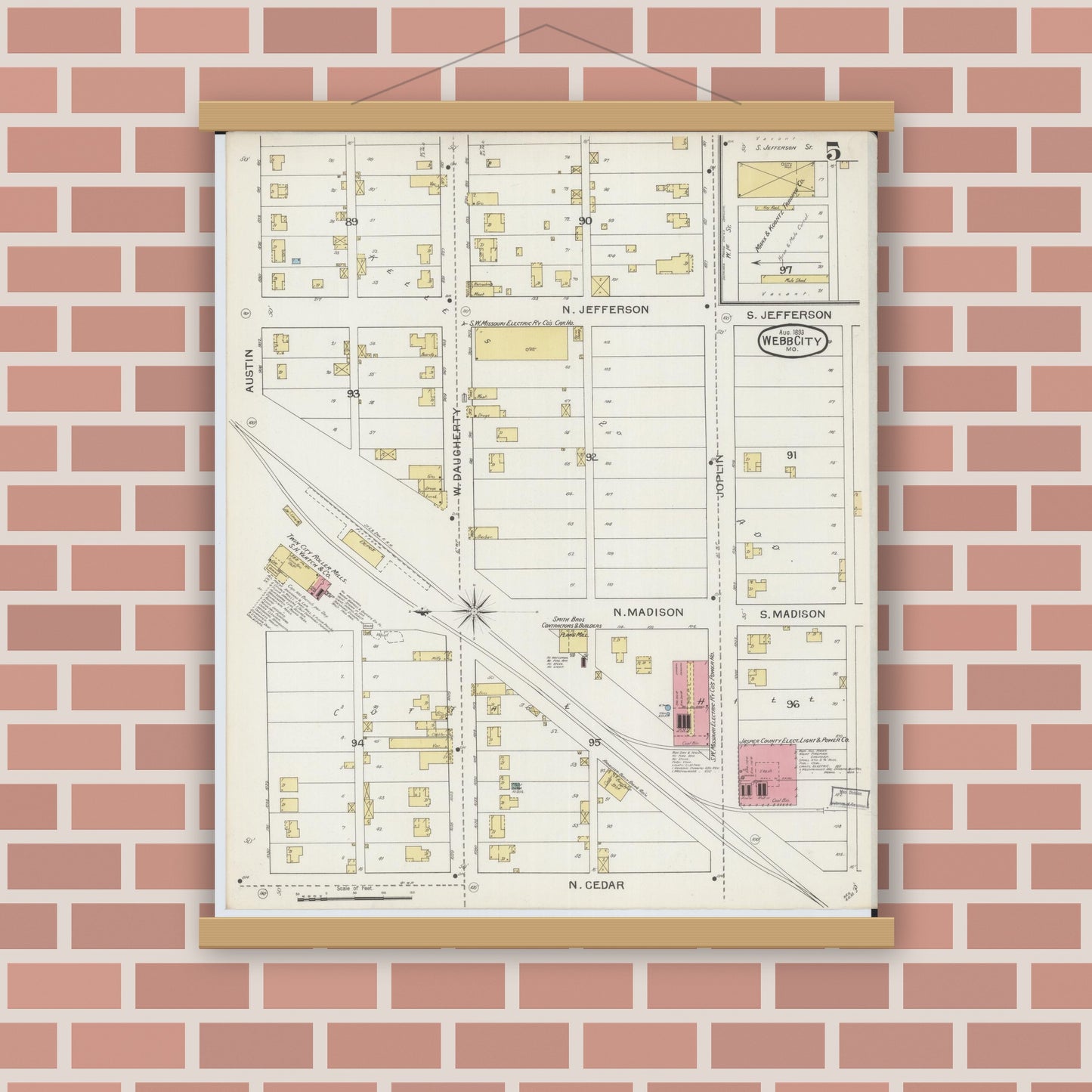 Old map wall art mockup — magnetic wood frame on brick wall — Sanborn Fire Insurance Map from Webb City, Jasper County, Missouri (1893), Sheet #0005