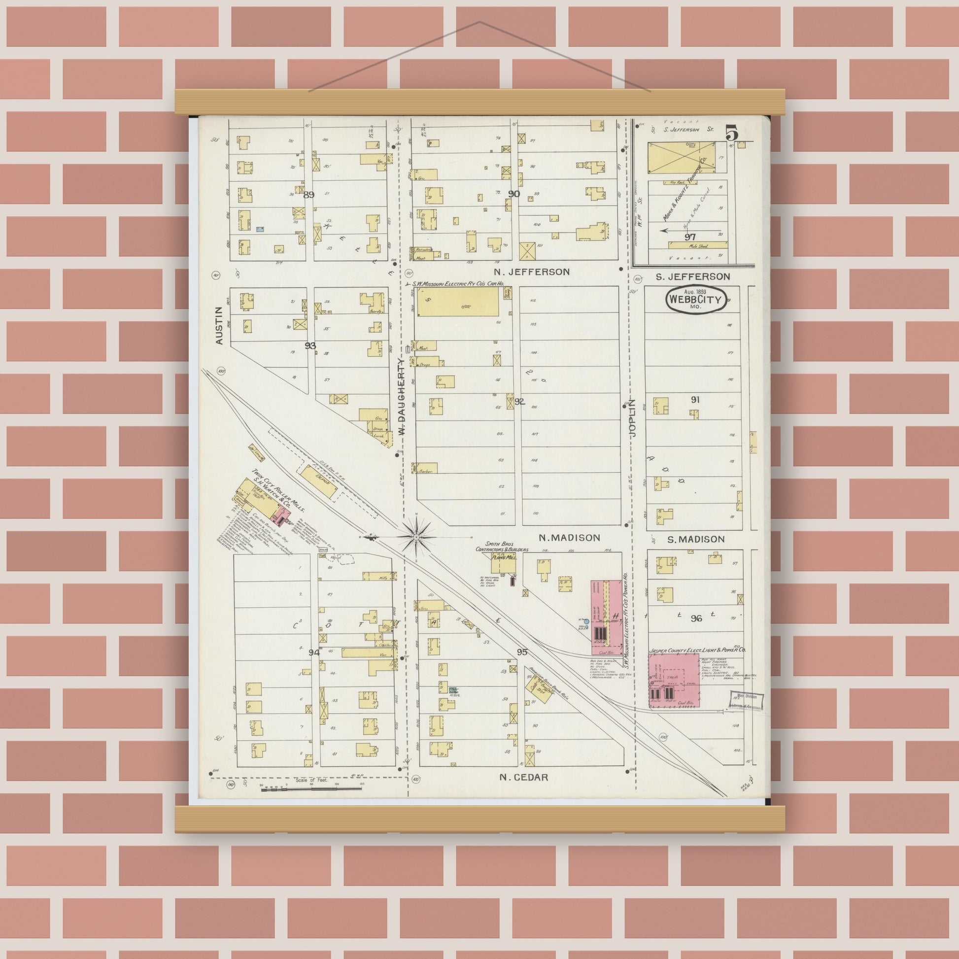 Old map wall art mockup — magnetic wood frame on brick wall — Sanborn Fire Insurance Map from Webb City, Jasper County, Missouri (1893), Sheet #0005