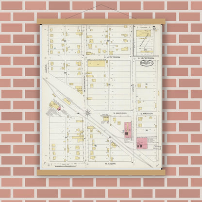 Old map wall art mockup — magnetic wood frame on brick wall — Sanborn Fire Insurance Map from Webb City, Jasper County, Missouri (1893), Sheet #0005