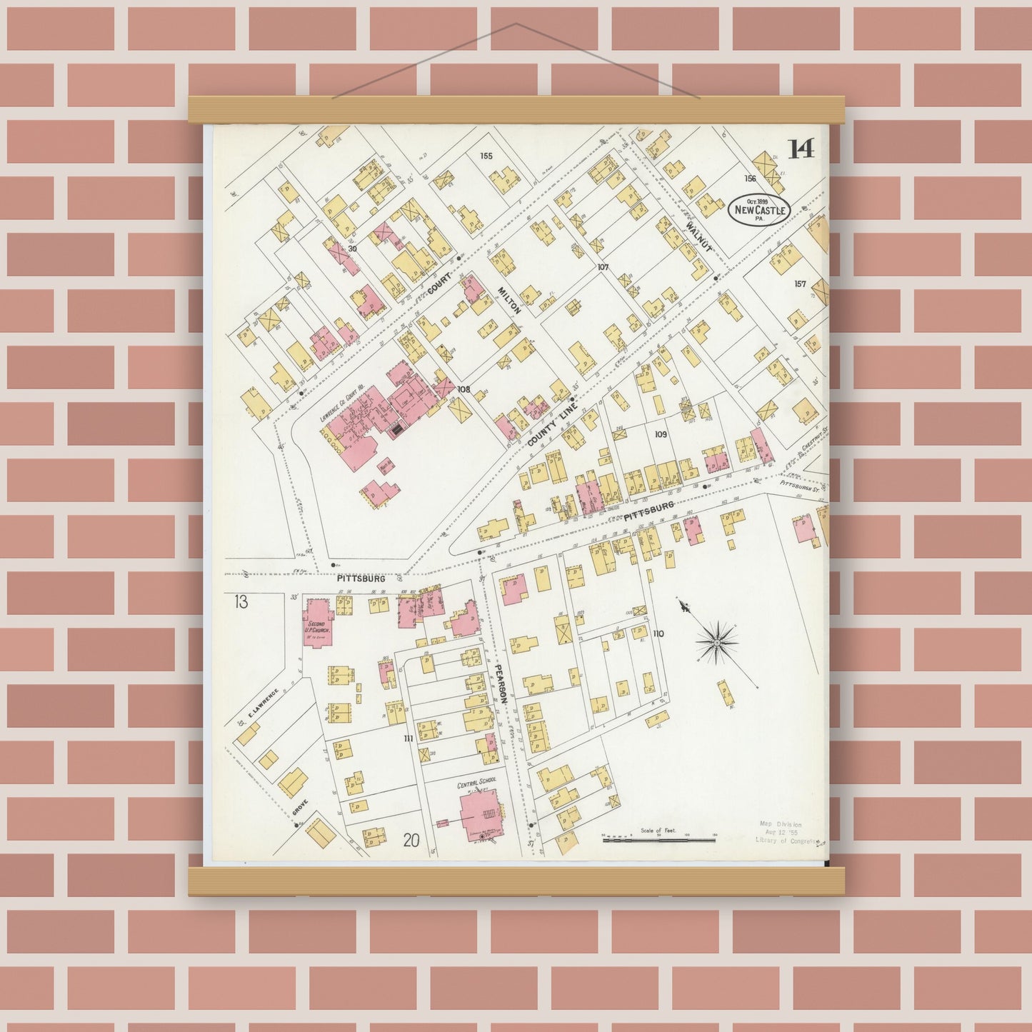 Old map wall art mockup — magnetic wood frame on brick wall — Sanborn Fire Insurance Map from New Castle, Lawrence County, Pennsylvania (1899), Sheet #0014