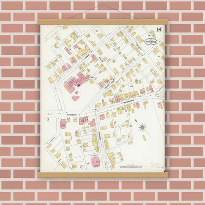 Old map wall art mockup — magnetic wood frame on brick wall — Sanborn Fire Insurance Map from New Castle, Lawrence County, Pennsylvania (1899), Sheet #0014