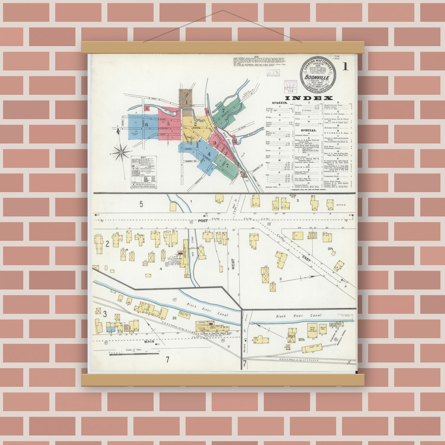 Old map wall art mockup — magnetic wood frame on brick wall — Sanborn Fire Insurance Map from Boonville, Oneida County, New York (1904) - Complete Map Set