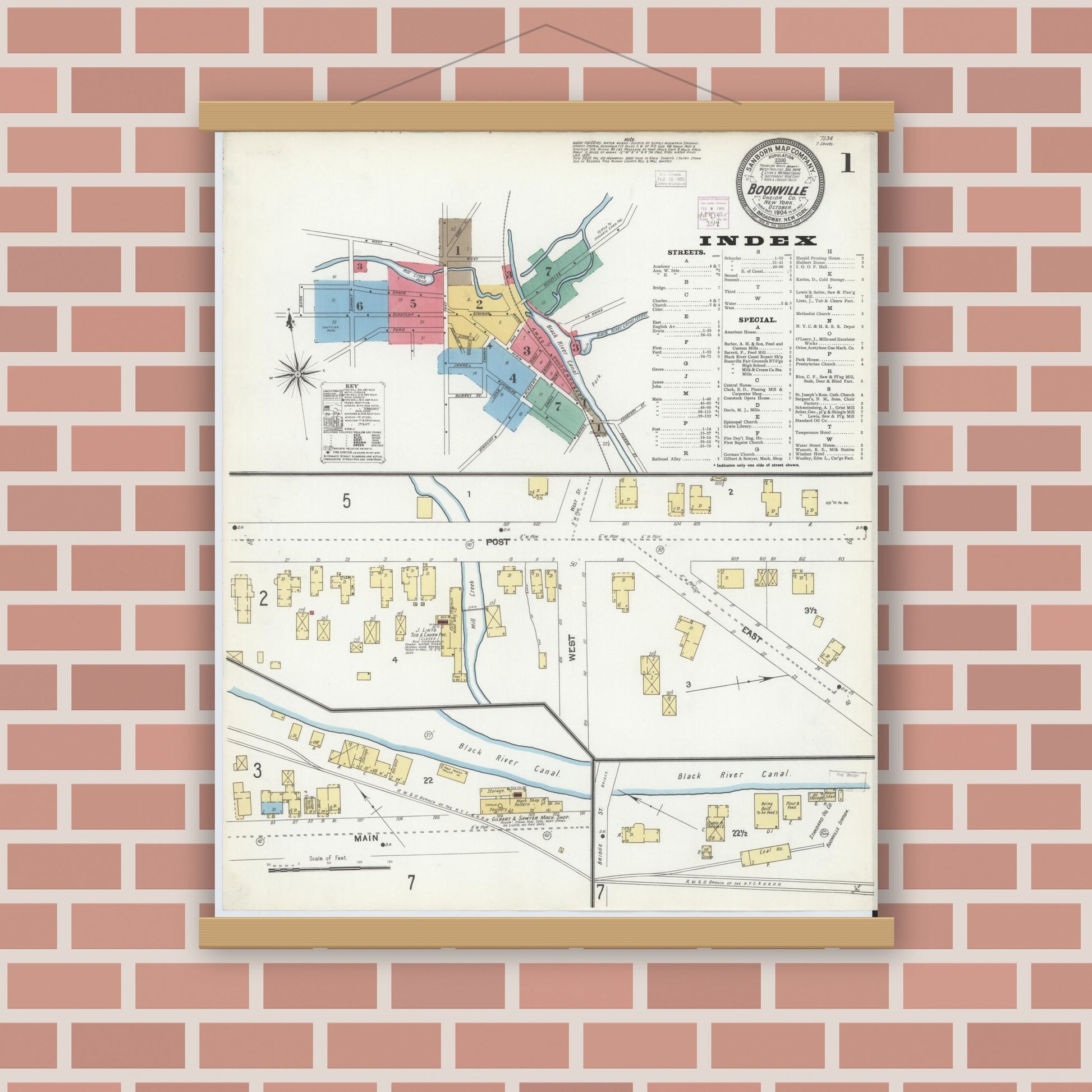 Old map wall art mockup — magnetic wood frame on brick wall — Sanborn Fire Insurance Map from Boonville, Oneida County, New York (1904) - Complete Map Set