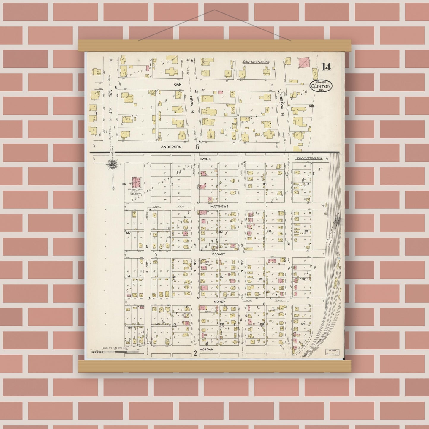 Old map wall art mockup — magnetic wood frame on brick wall — Sanborn Fire Insurance Map from Clinton, Vermillion County, Indiana (1915), Sheet #0014