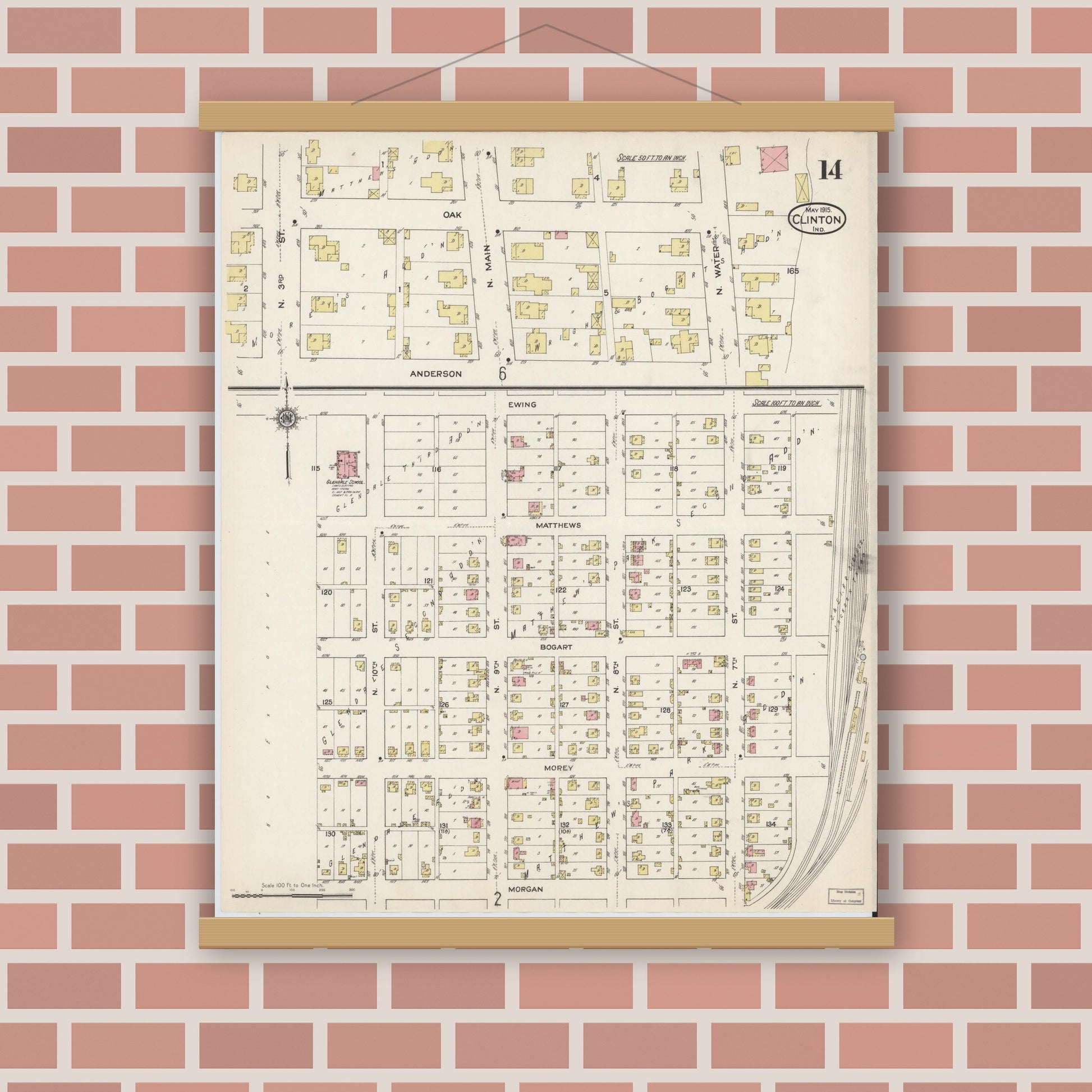 Old map wall art mockup — magnetic wood frame on brick wall — Sanborn Fire Insurance Map from Clinton, Vermillion County, Indiana (1915), Sheet #0014