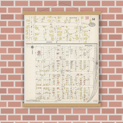 Old map wall art mockup — magnetic wood frame on brick wall — Sanborn Fire Insurance Map from Clinton, Vermillion County, Indiana (1915), Sheet #0014