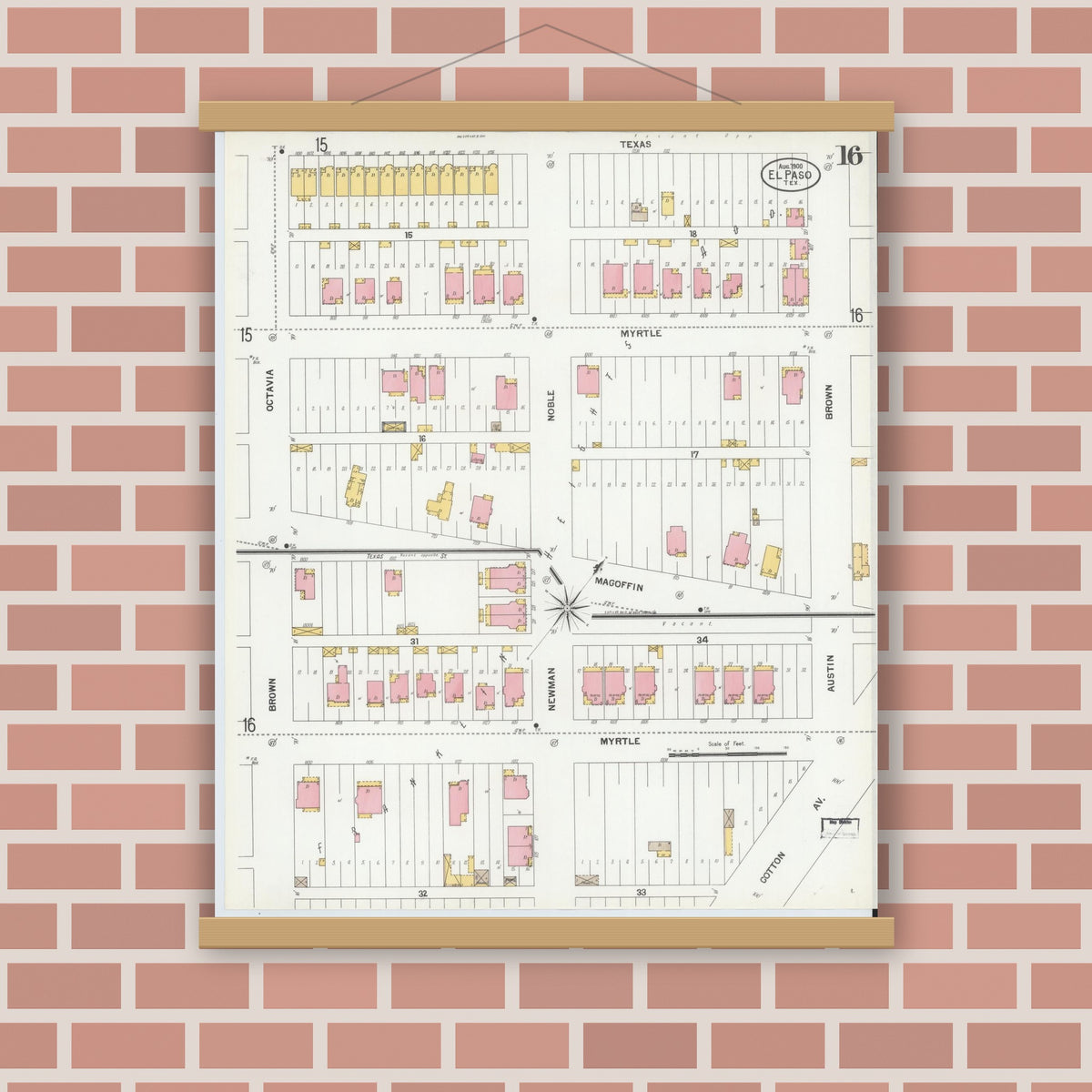 Old map wall art mockup — magnetic wood frame on brick wall — Sanborn Fire Insurance Map from El Paso, El Paso County, Texas (1900), Sheet #0016