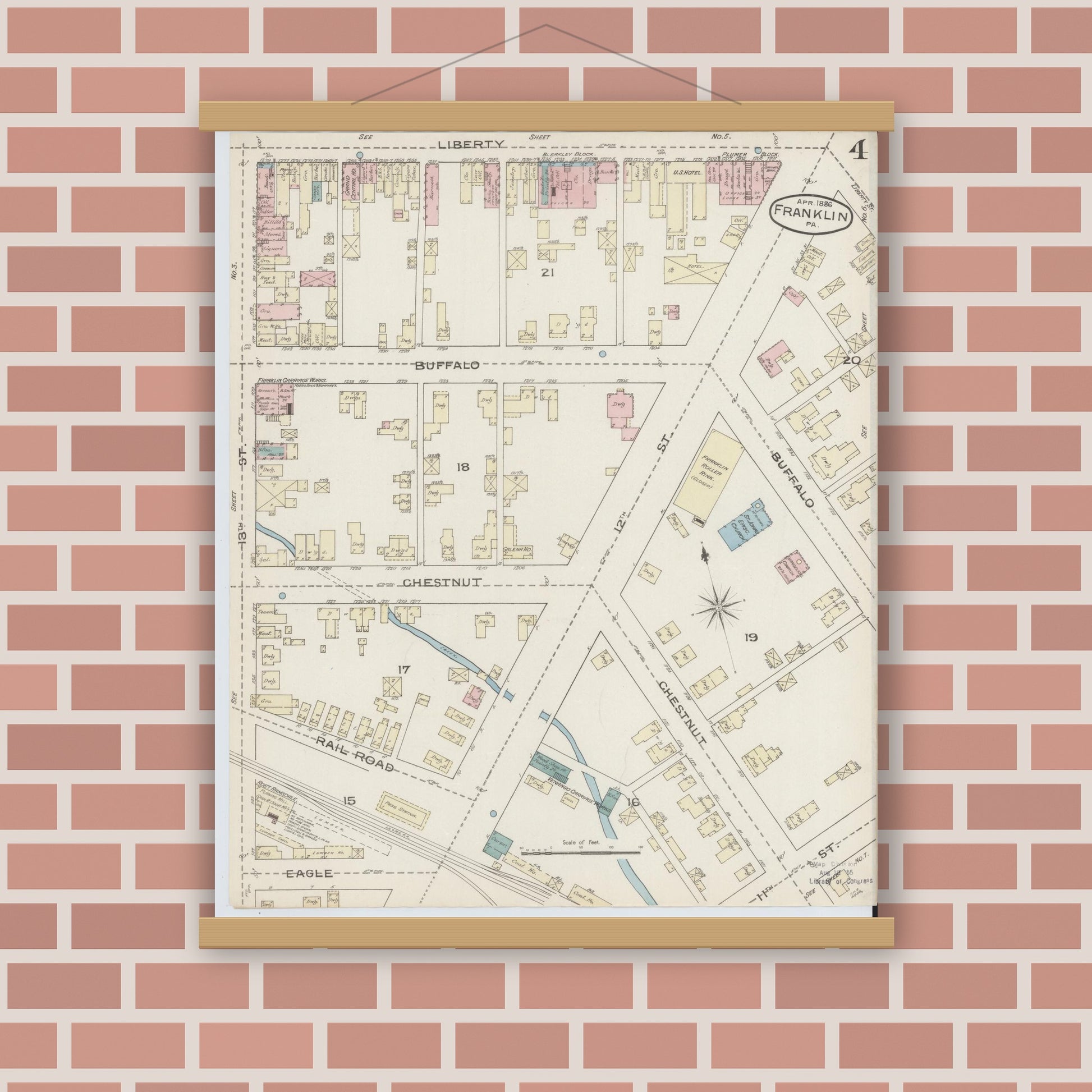 Old map wall art mockup — magnetic wood frame on brick wall — Sanborn Fire Insurance Map from Franklin, Venango County, Pennsylvania (1888), Sheet #0004