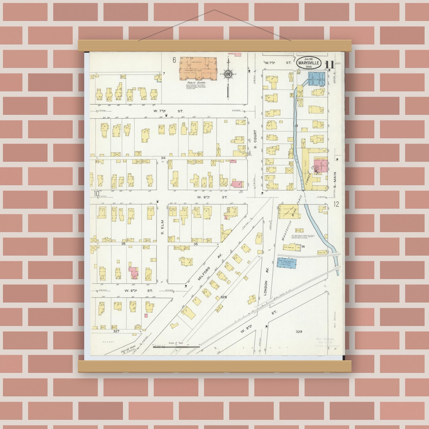 Old map wall art mockup — magnetic wood frame on brick wall — Sanborn Fire Insurance Map from Marysville, Union County, Ohio (1916), Sheet #0011