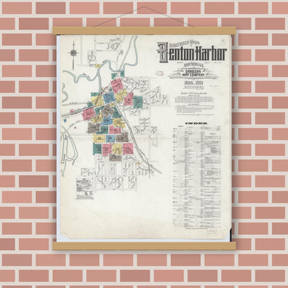 Old map wall art mockup — magnetic wood frame on brick wall — Sanborn Fire Insurance Map from Benton Harbor, Berrien County, Michigan (1911) - Complete Map Set