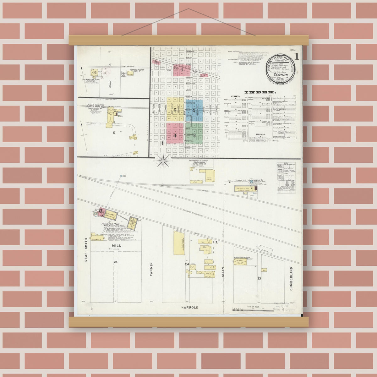 Old map wall art mockup — magnetic wood frame on brick wall — Sanborn Fire Insurance Map from Vernon, Wilbarger County, Texas (1896), Sheet #0001