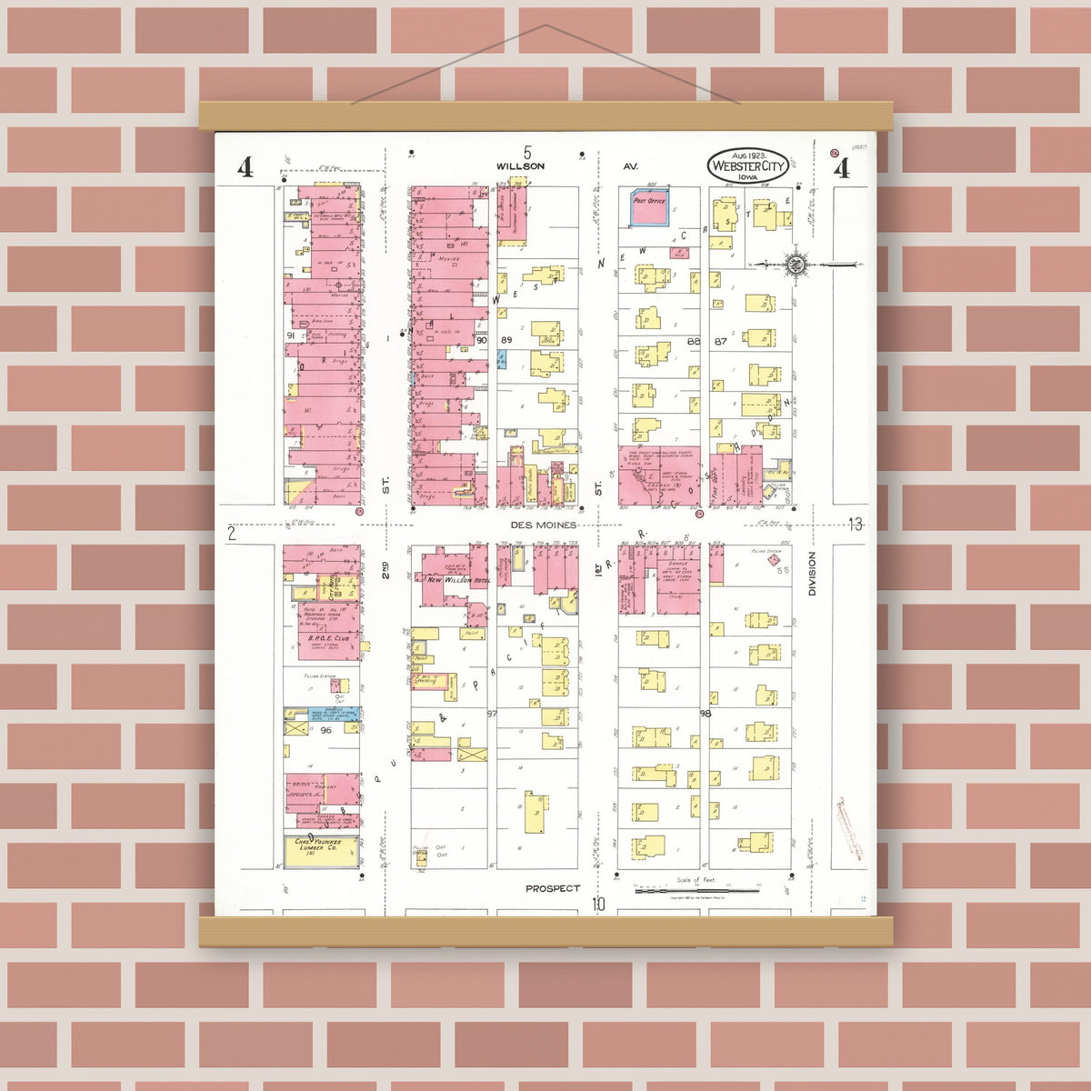 Old map wall art mockup — magnetic wood frame on brick wall — Sanborn Fire Insurance Map from Webster City, Hamilton County, Iowa (1923), Sheet #0004