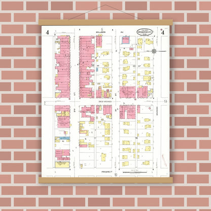 Old map wall art mockup — magnetic wood frame on brick wall — Sanborn Fire Insurance Map from Webster City, Hamilton County, Iowa (1923), Sheet #0004