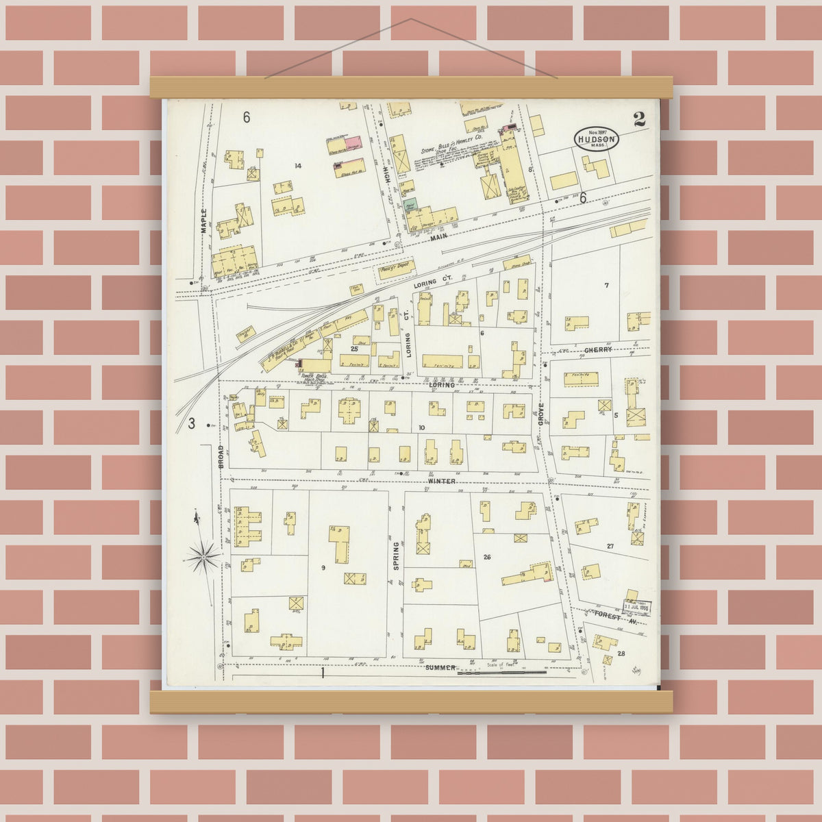 Old map wall art mockup — magnetic wood frame on brick wall — Sanborn Fire Insurance Map from Hudson, Middlesex County, Massachusetts (1897), Sheet #0002