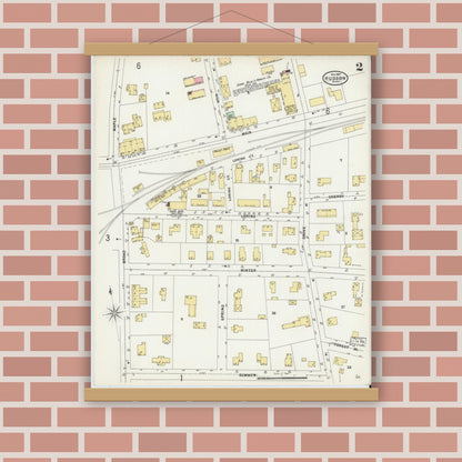 Old map wall art mockup — magnetic wood frame on brick wall — Sanborn Fire Insurance Map from Hudson, Middlesex County, Massachusetts (1897), Sheet #0002